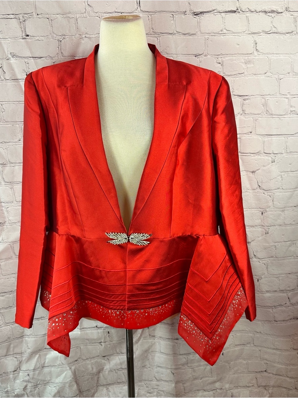 vtg Ben marc international Red Satin Peplum Blazer women 18 rhinestone glam